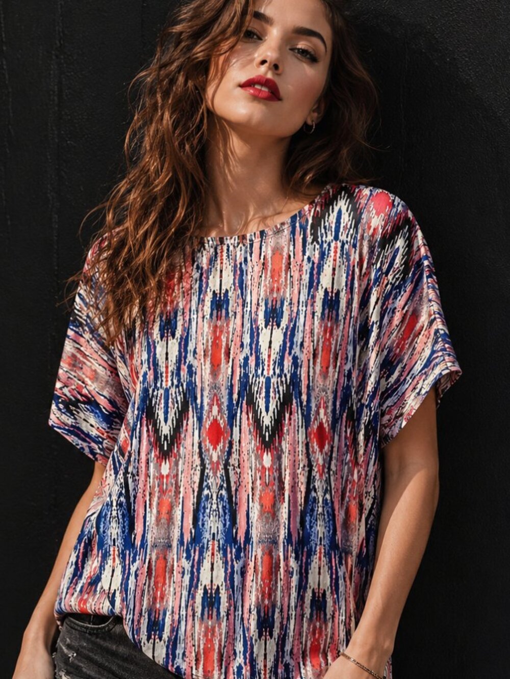 Peter Nygard Blouse Size Large Aztec Chevron Southwestern Top Shirt Red Blue EuC